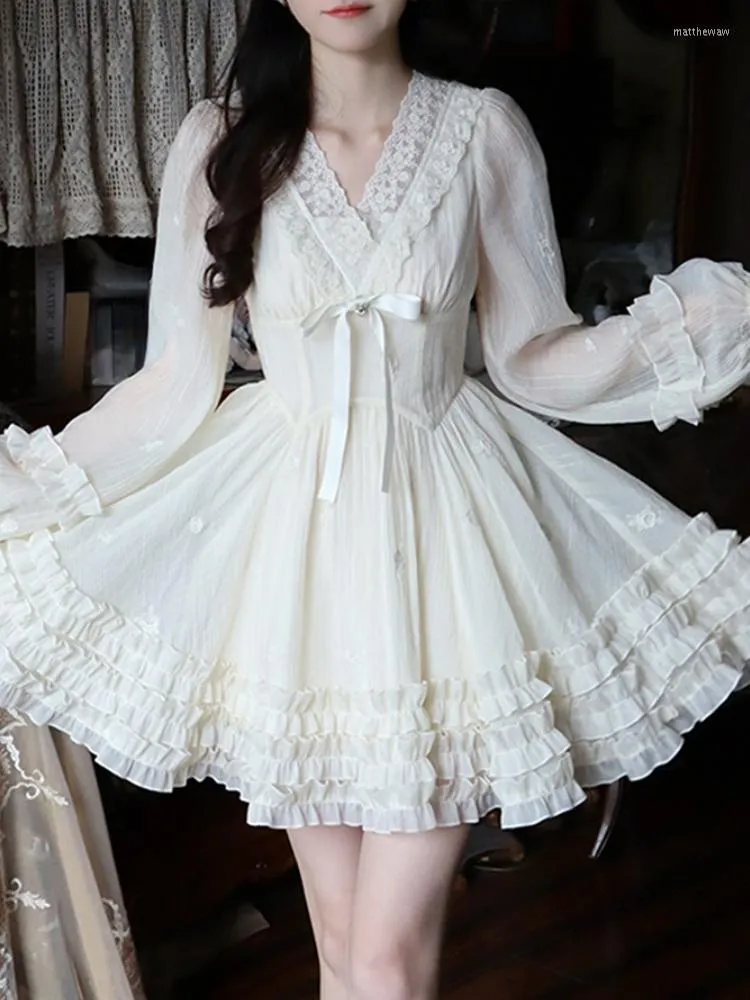 Casual Dresses Chiffon Lace Vintage Elegant Dress Women A-Line Causal Sweet Mini Ladies Lantern Sleeve Bow Princess Kawaii Summer