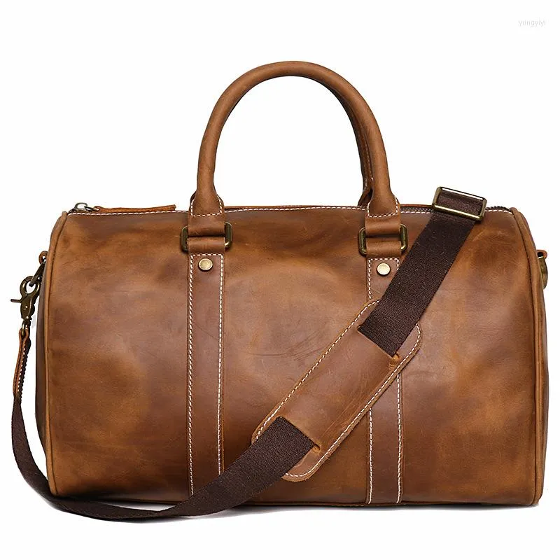 ダッフェルバッグ男性用クレイジーホーススキンショート距離旅行バッグのための本物のレザーハンドバッグ