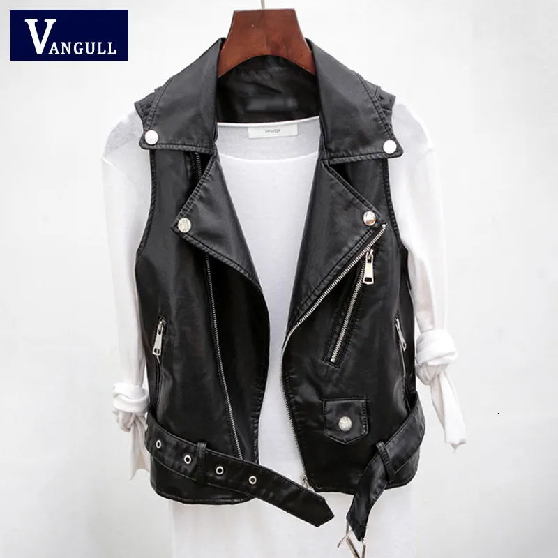 Women's Vests Vangull PU Leather Waistcoat Solid Women Motorcycle Spring Autumn High Quality Sleeveless Zipper Tops 230506