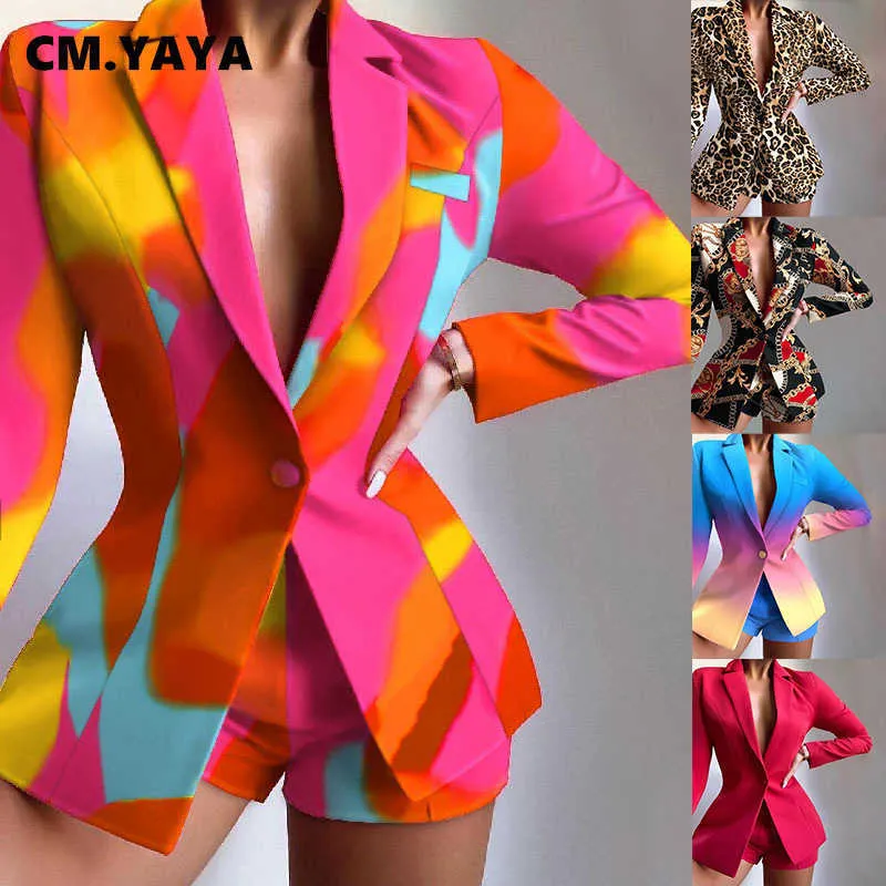 Robe Deux Pièces CMYAYA Ensemble Femme Élégant Blazer Tops et Shorts Costume Assorti Deux 2 Pièces Ensemble Office Lady INS Léopard Chian Tie Dye Tenues J230506