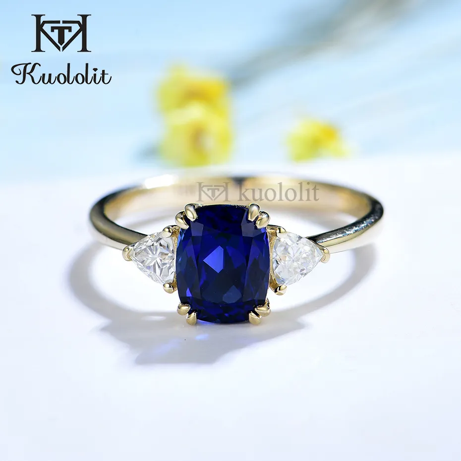 Fedi nuziali Kuololit 3CT Lab Grown Sapphire 585 18K14K 10K Oro giallo per donna Cuscino triangolo Fidanzamento di lusso 230506