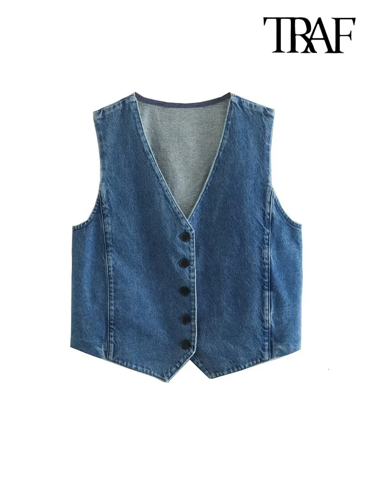 Gilets pour femmes TRAF Femmes Mode Bouton avant Denim Gilet Vintage Col V Sans manches Femme Vêtements de dessus Chic Gilet Tops 230506