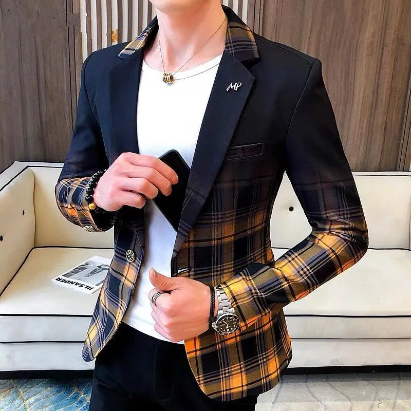 Men's Suits Blazers Spring Autumn Men Blazer Fashion Colorblock Plaid Slim Fit Suit Jacket Man Wedding Business Clothing Dress Suit Coats Man 230506