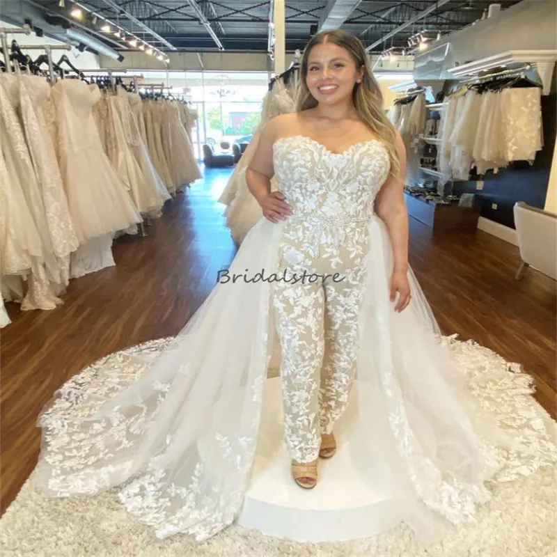 Luxury Jumpsuit Wedding Dress 2023 Overskirt Lace Boho Stunning Bridal Dresses Sweetheart Civil Country Rustic Plus Size Bride vestidos de novia robe de mariee