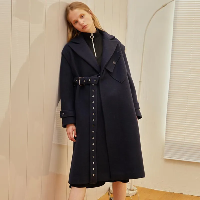 Women's Wool & Blends Arrival Autumn And Winter 2023 Notched Collar Eyelet Belt Fashion Loose Long Women Coat Navy BlueWomen's