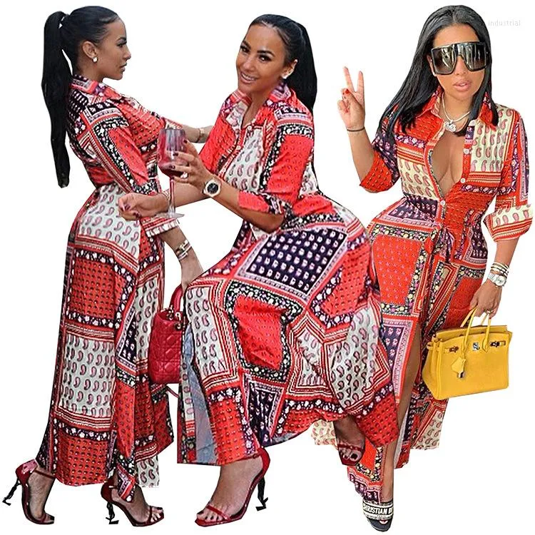 Casual Dresses Multicolor Pattern Women Shirt Dress Sexig Front Split Slå ner knappar 3/4 ärmar Elegant Lady Party 2023 Spring