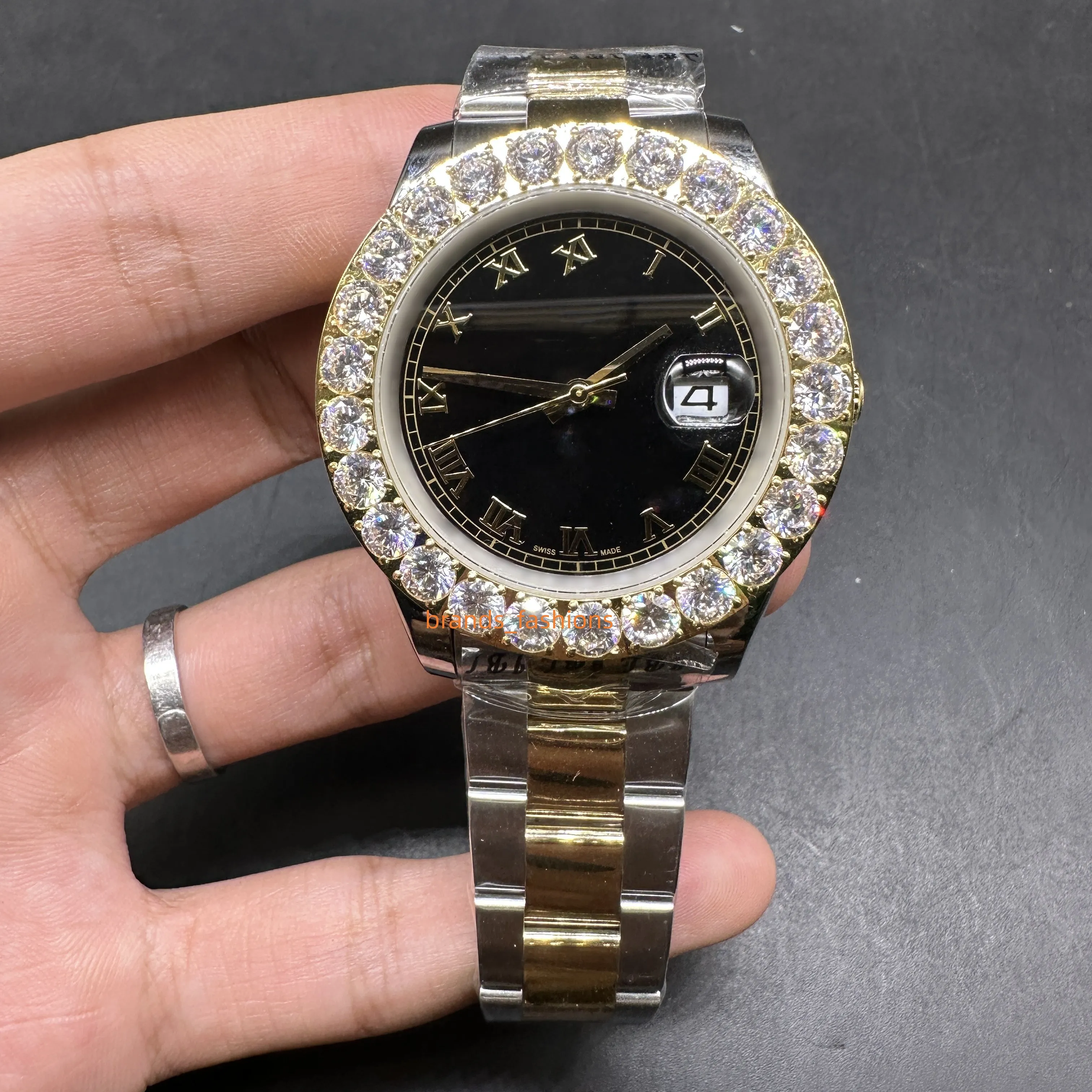 BOUTIKE HERRENS HÄRSWATCH PRONG SET Diamond Bezel Watch Black Face Bi-Gold rostfritt stål Case Watch Automatiska mekaniska sportklockor