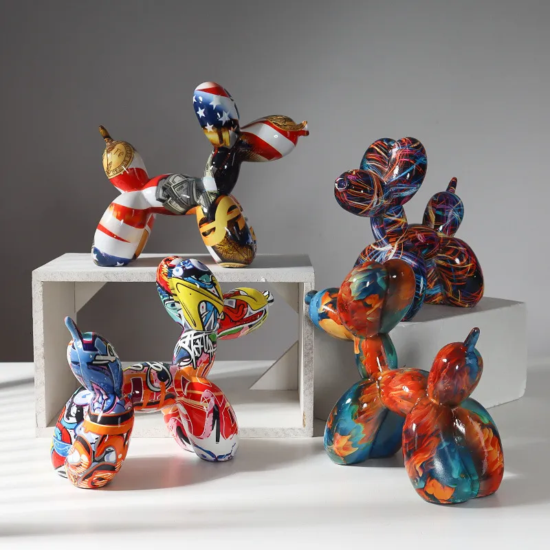 Decoratieve objecten Figurines Nordic Modern Art Resin Graffiti Sculpture Ballon Dog Standbeeld Creatief gekleurd Craft Figurine Gift Home Office Desktop Decor 230506