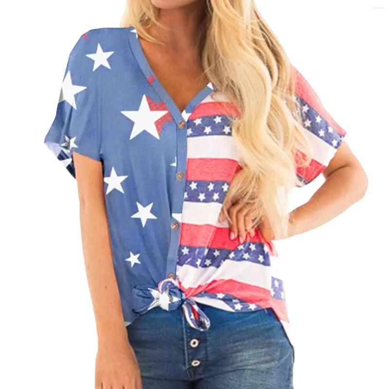 Camisetas de mujer, camisetas básicas de algodón de verano para mujer, blusa con cuello, blusa Vintage con estampado de bandera americana, ropa activa de manga corta pequeña