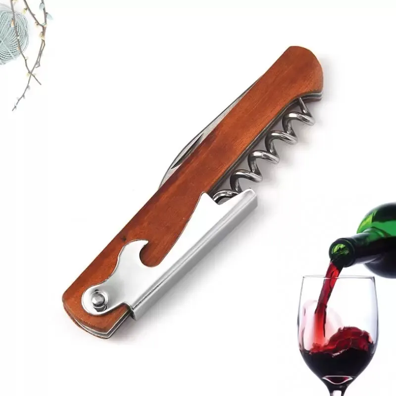 Stainless Steel Hand-Held Deluxe Bottle Opener Wood Handle Wine Opener Corkscrew Double Hinged Waiters Wine Bottle Opener dh5544