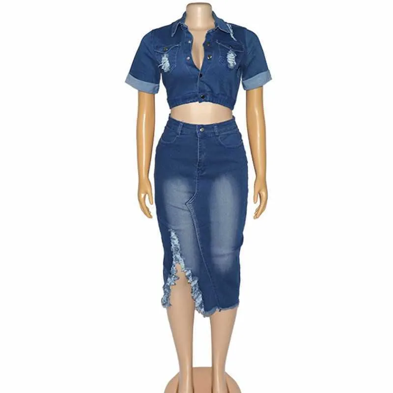 Two Piece Dress African Clothing Washed Denim Skirt And Shirt Tops Matching  Sets Women Sexy Fashion Jeans Skirt Two Piece Set Outfits Streetwear
