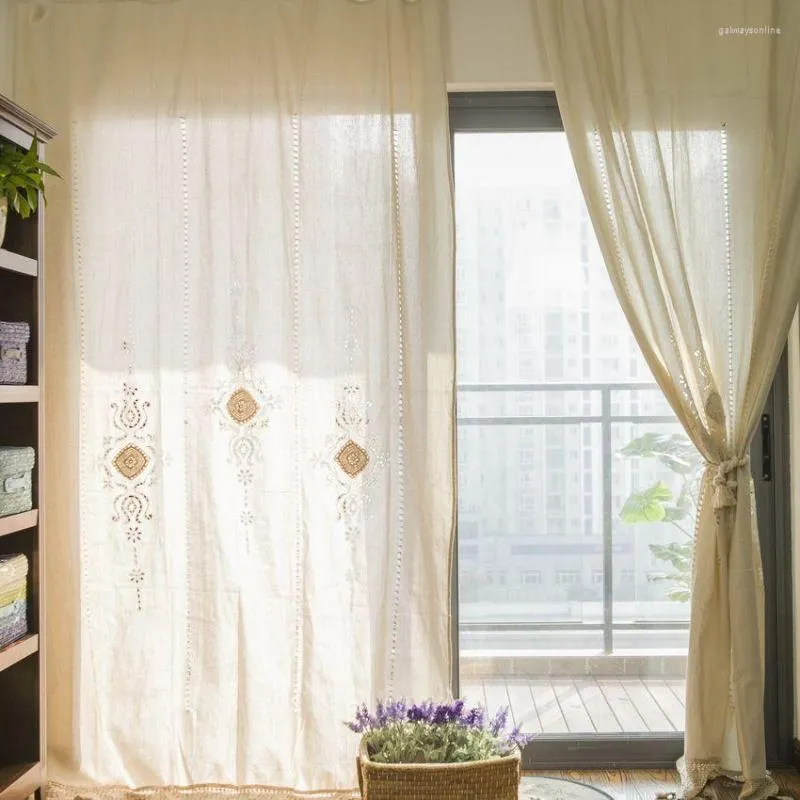 Janela de linho de algodão de cortina para sala de estar Grécia Vintage Quarto com crochê tassel rústico oco