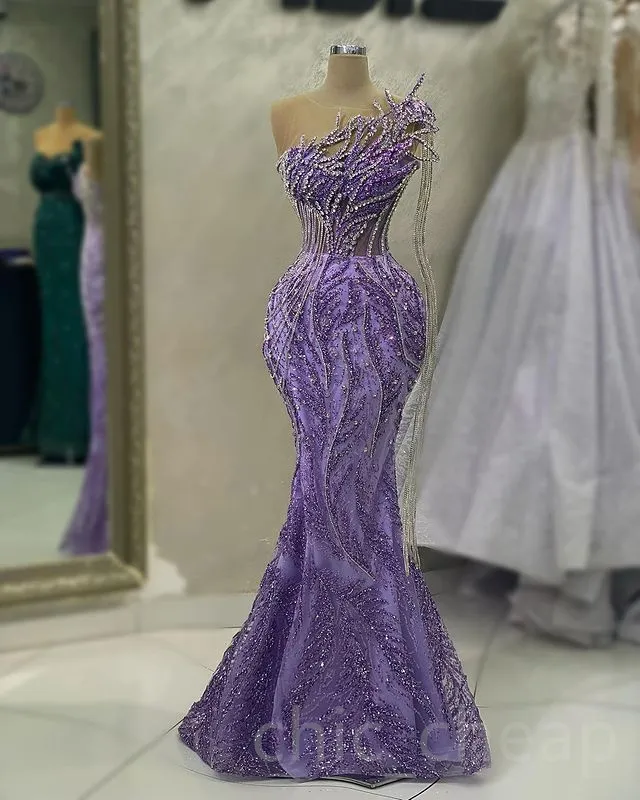 2023 May Aso Ebi Lavender Mermaid Prom Dress Beaded Crystals Lace Evening Formal Party Second Reception Birthday Engagement Gowns Dress Robe De Soiree ZJ171