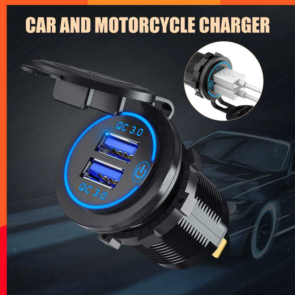 Nowa ładowarka samochodowa DC12V/24V Szybka ładowarka samochodowa podwójna adapter szybkiego ładowania USB z przełącznikiem osłony kurzu na motocykl samochodowy RV statek jachtowy