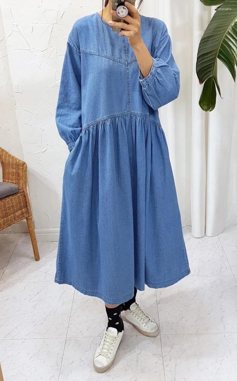 Robes décontractées Lazy Oaf Loose Denim Maxi Robe O-Cou À Manches Longues Une Ligne Vintage Printemps 2023 Coréen Robe De Mujer Grande Fat Sukienka