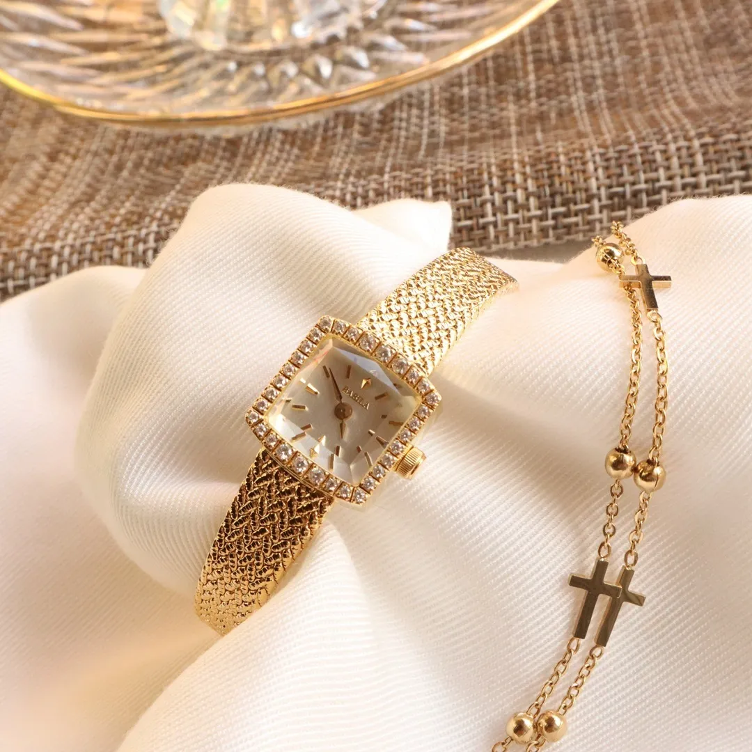 Diamond Accent Womens Gold Watch 18K Plated Mini Square Ladies