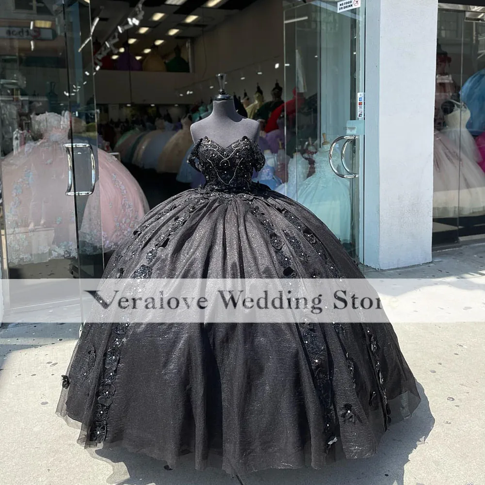 Mexican Black Quinceanera Dress Off Shoulder Appliques Flowers Vestido De 15 Anos Ball Gown Prom Gowns for Birthday Party