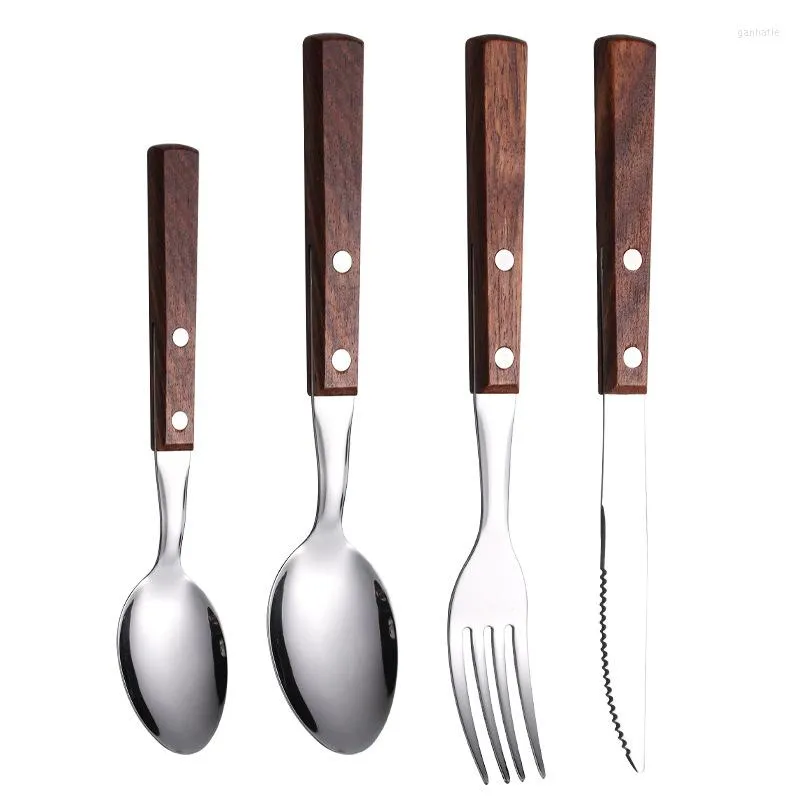 Dinnerware Sets 4 Pieces Wood Stainless Steel Cutlery Set Wooden Handle Flatware Knife Fork Spoon For Home Camping Party Easy Clean