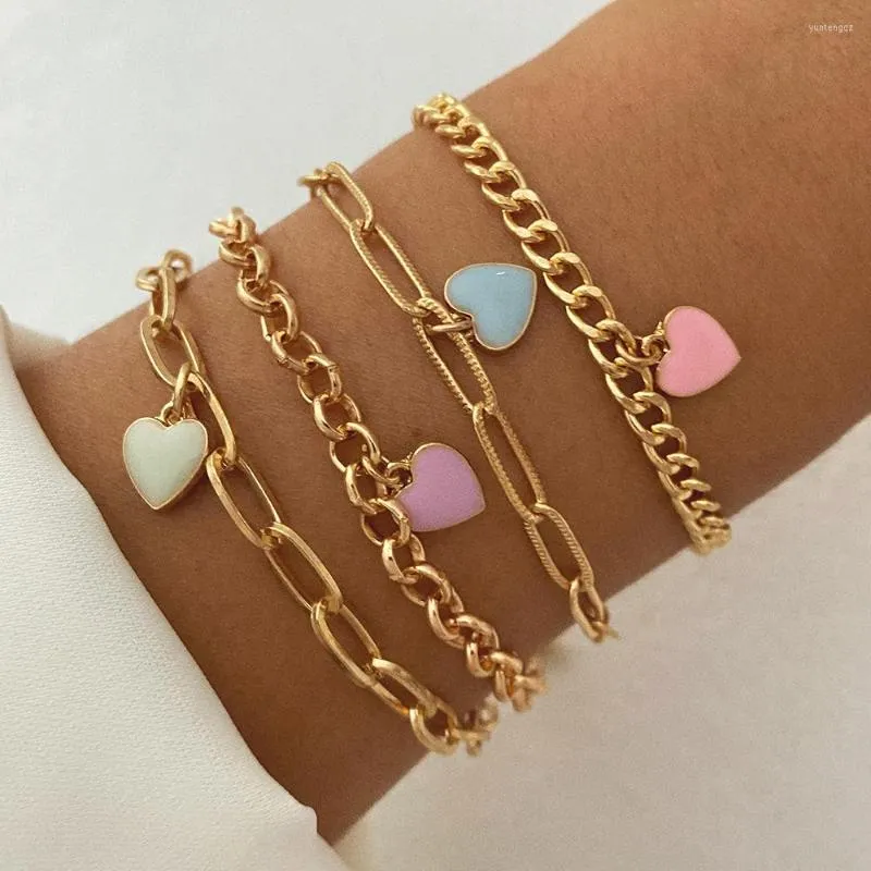 Charm Bracelets IFKM Thick Chain Bracelet Summer Trend Punk Vintage Sweet LOVE Heart Tassel Party Jewelry Gifts 2023 Accessories