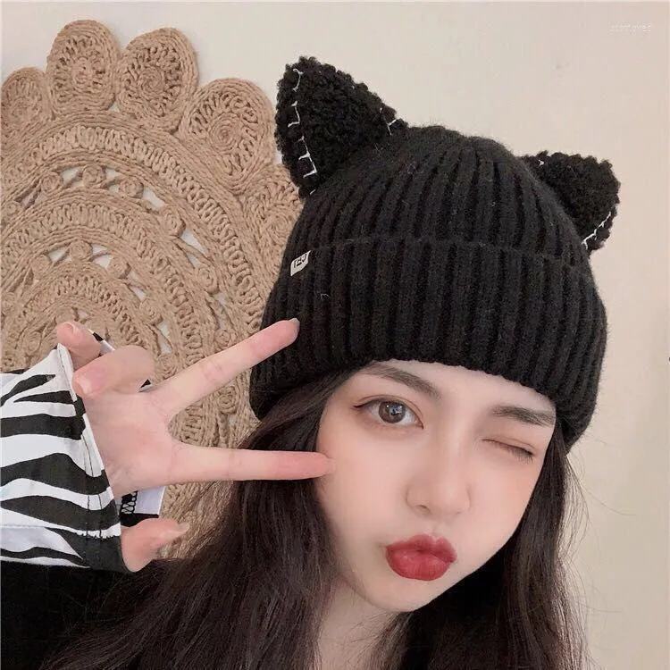 Beanies Knitted Hat Autumn Winter Korean All Match Japan Style Cute Ears Woolen Keep Warm Fashion Solid Color Casual Student Wear Scot22