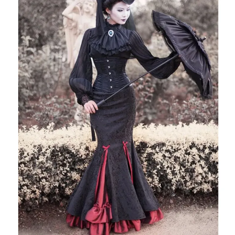 Gothic Black And Burgundy Prom Dresses Long Sleeves Mermaid Medieval Victorian Special Occasion Gowns High Neck Corset Plus Size Evening Dress For Women 2023