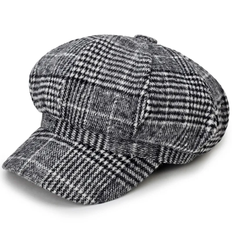 New Felt Octagonal Cap Autumn Winter Plaid Beret Women's Casual Newsboy Hats Unisex Warm Retro Beanies Painter Cap Chapeau