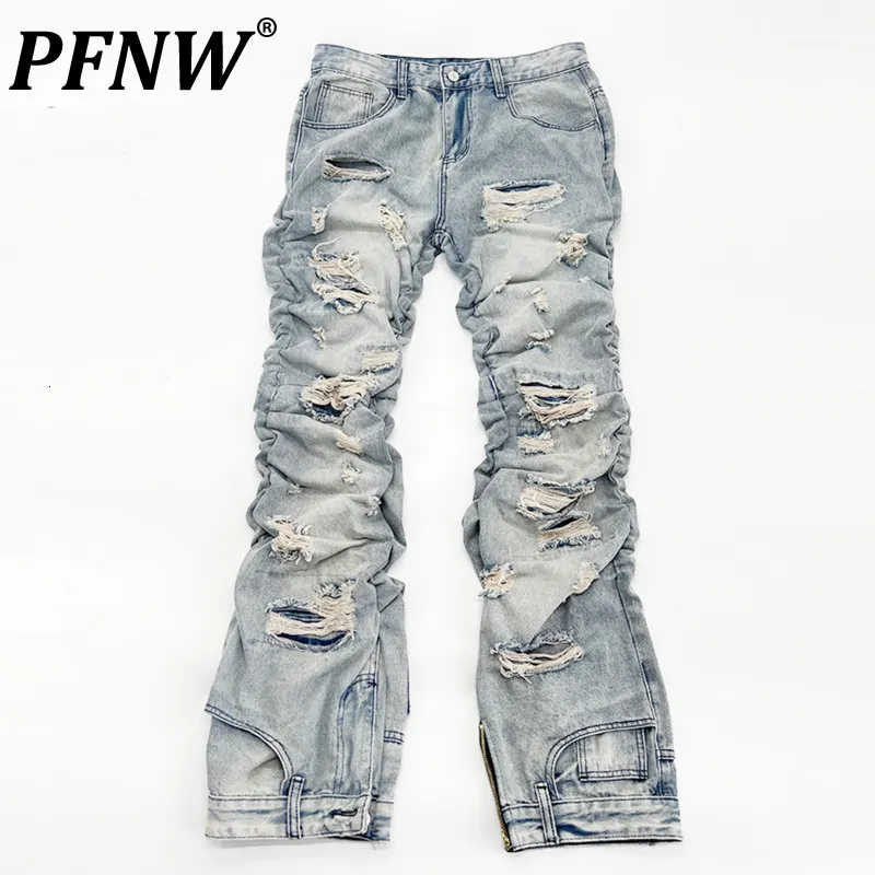 Мужские джинсы Pfnw весенняя осень осенью изношенные нишевые дизайнерские винтажные джинсовые брюки Длинная слабая плиссированные брюки моды 12A7717 230506