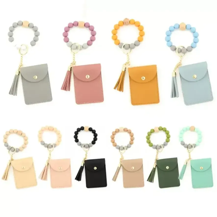 Silicone Bead Bracelet Party Favor Solid Color Card Bag Key Chain Wallet Leather Tassel Multi Card Slot Change Bag Leather Card Cover