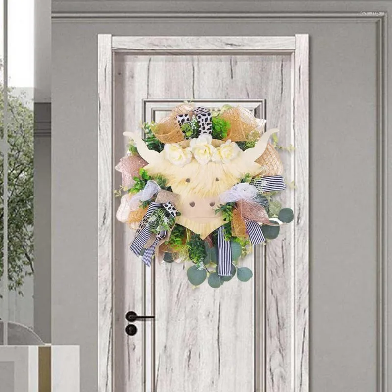 装飾的な花の花輪ペンダントハンドメイドハングランドハイランド牛の正面玄関吊り歓迎サインホームデコレーション