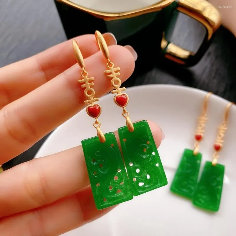 Kolczyki Dangle 1pcs/działek naturalny jadeite sucha szafirowa karta kamienna pusta rzeźba phoenix srebrna złota haczyk aretes de mujer