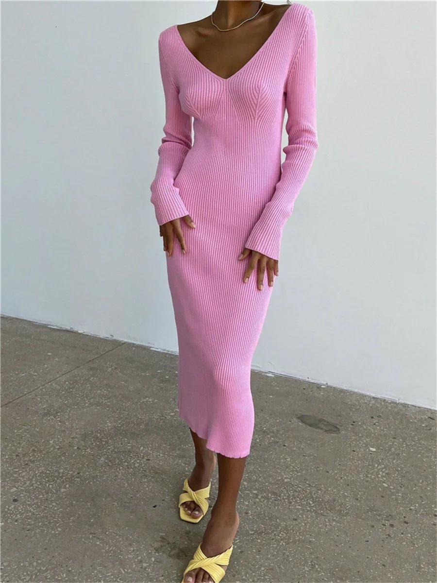 WSEVIPO knit sweater blue Rib Midi Pencil Dress - Casual, Simple Style, Long Sleeve, V-Neck, Backless Bodycon Style for Fall/Winter Parties (230506)