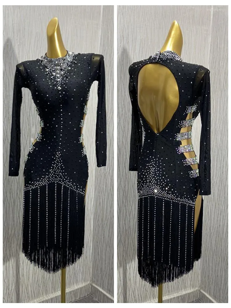 Vêtements de scène robe de danse latine Costume de frange de Salsa noire pour Comptition Dancewear robes de dames