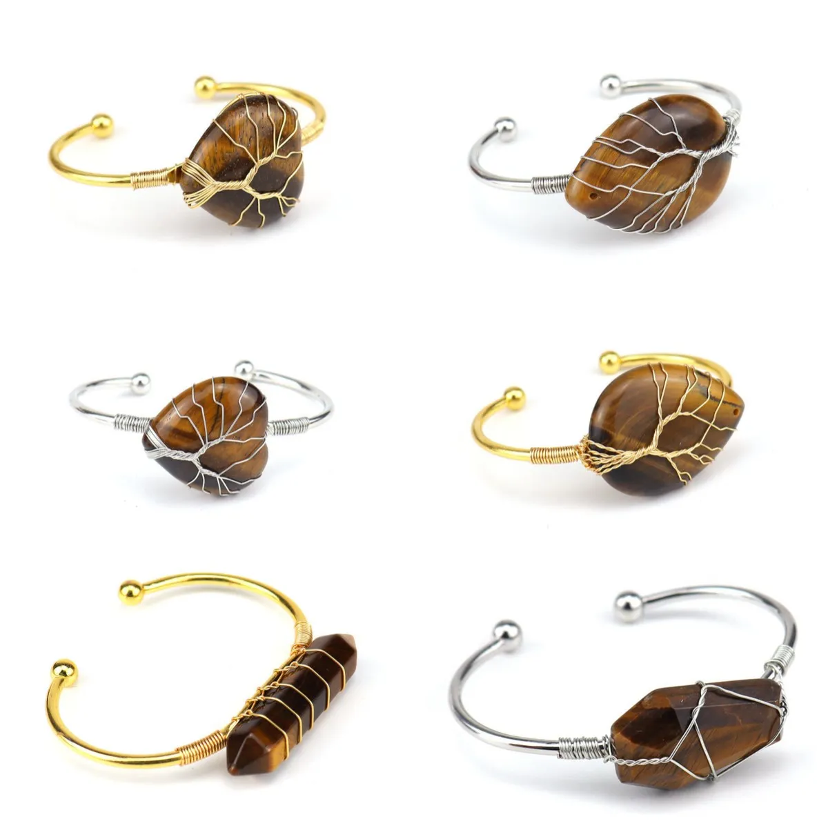 Wholesale Healing Tiger Eye Bracelet Charm Tree of Life Wire Wrapped Natural Gemstone Bangle Women Men Jewelry