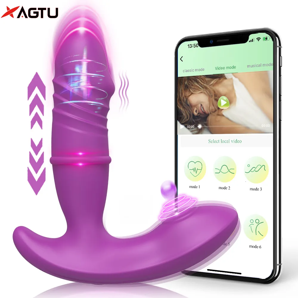 Vibromasseur Bluetooth APP Vibromasseur de poussée pour les femmes Pats télescopiques Stimulateur de clitoris G Spot Télécommande Butt Plug Masturbation Sex Toys 230508