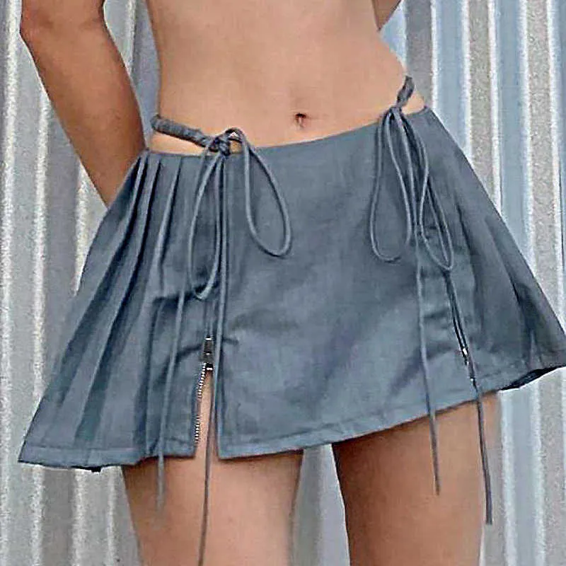 Jupes Taruxy Nouveau mini 90S Streetwear mignon gris décontracté plissé de ceinture à chaud zippé une ligne a-ligne courte jupe Summer P230508