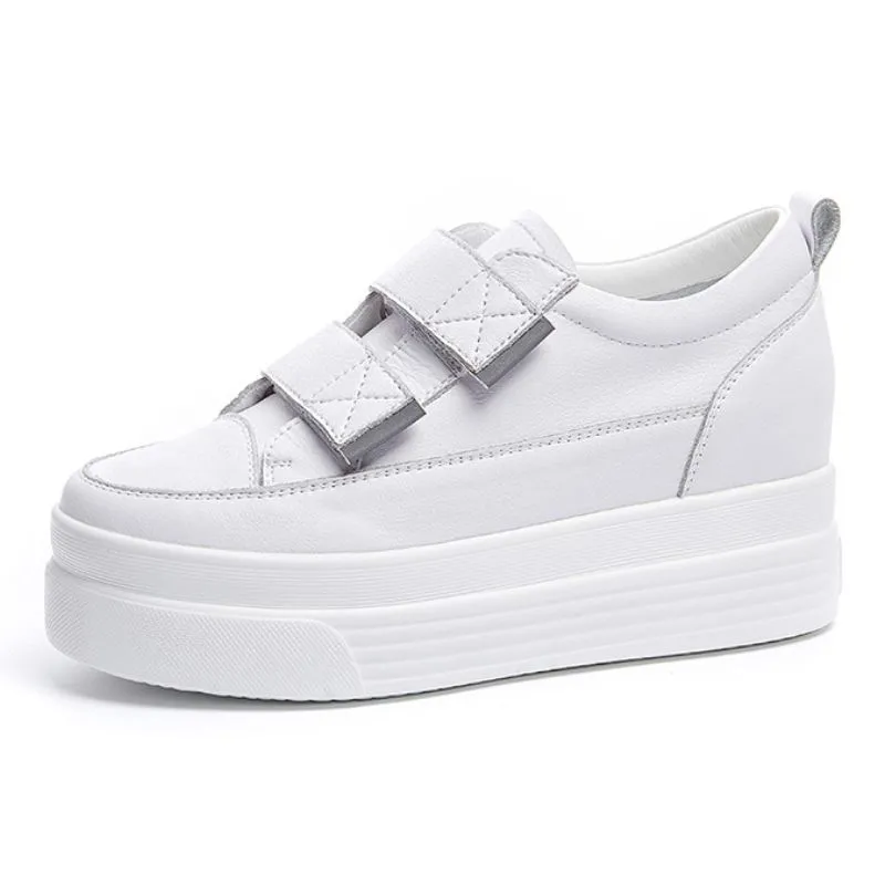 Fujin, zapatillas informales de piel auténtica de vaca de 8,3 cm con plataforma y tacón oculto para mujer, zapatos cómodos con gancho blanco para verano y otoño para mujer