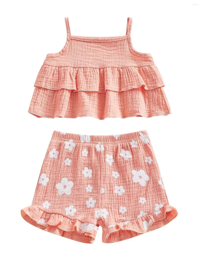 Kläduppsättningar födda babyflickor Kläder Solid Color Ruffle Sling Vest Tops och Elastic midjeblommigt tryck Shorts 2ms Outfits