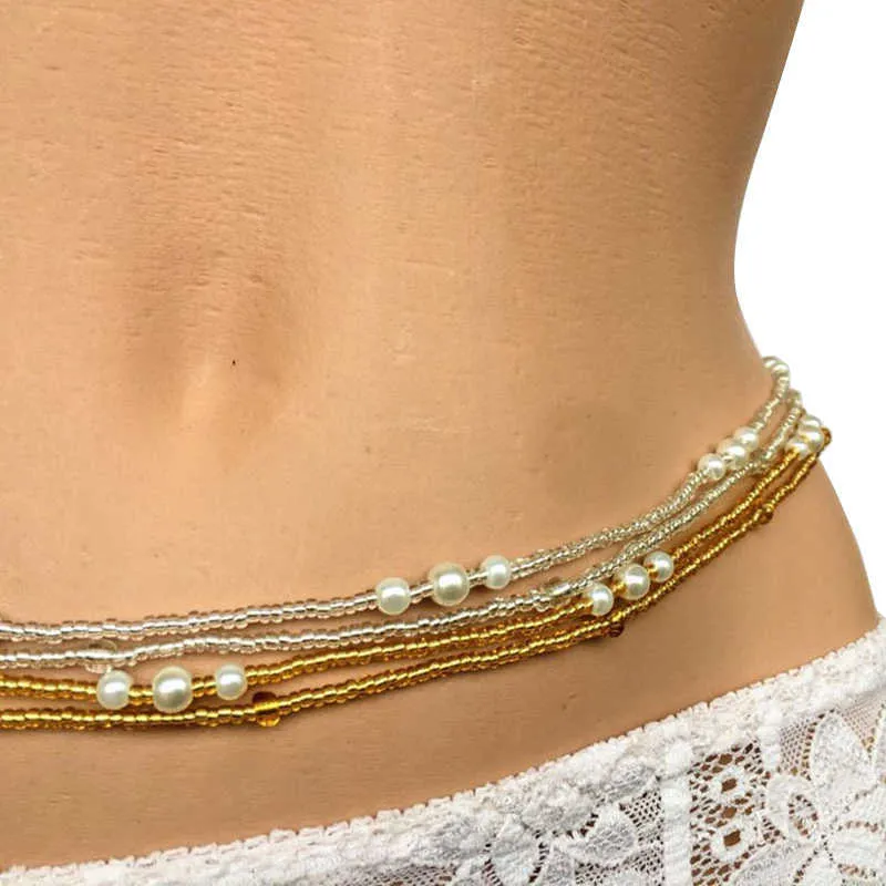 Belly Chains Bohemia Double Strand Waist Pearl Beads Body Jewelry Belly Beads Belly Chains Elastic Waist Chain Body African Waists Bead Z0508