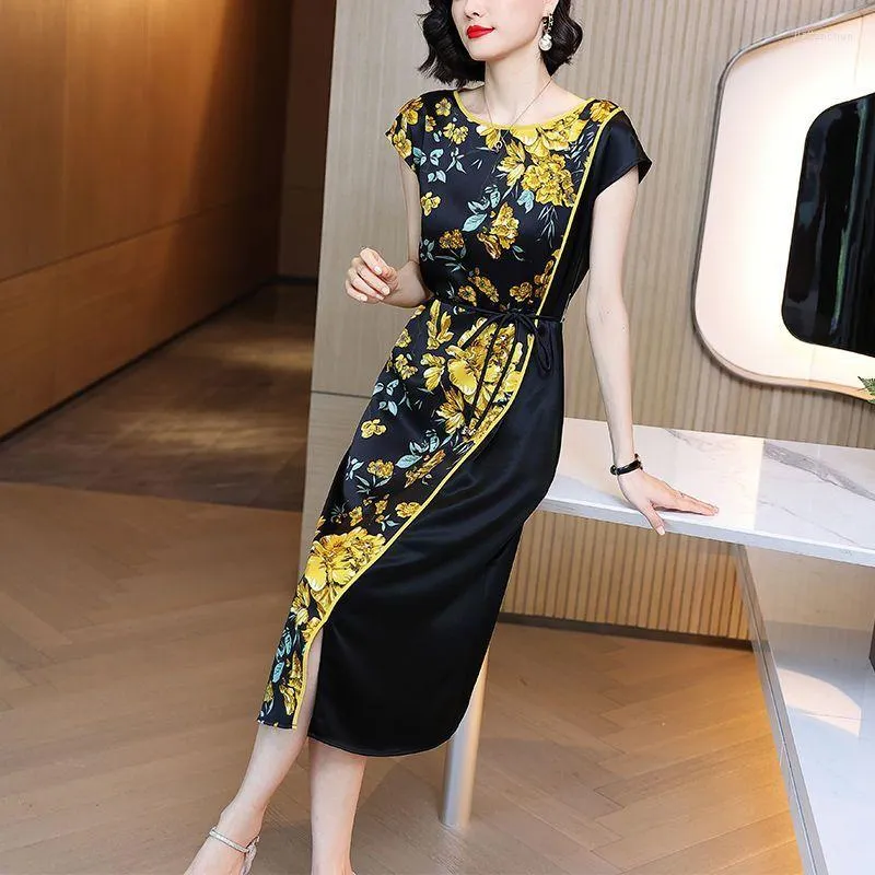 Casual jurken Summer Office Lady Patchwork O-Neck Midi Dress Women kleding Temperament Losse Loose Ladies Floral