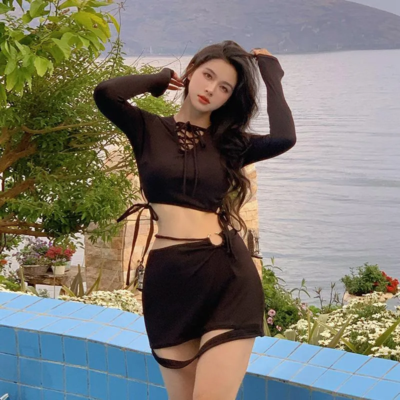 Women's Swimwear Swimsuit Two Piece Bathing Suit Beach Wear Women Bikini 2023 Korean Sexy Bind High Waist Long Sleeve Skirt FemaleWomen's