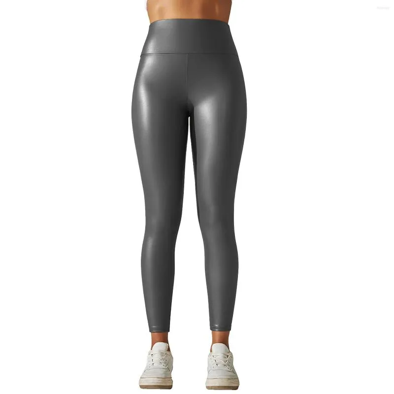 Active Pants Womens Tight Compression Sport Bottoms Pu Leather Yoga Hög midja bred elastisk midjeband Shiny Metallic Leggings