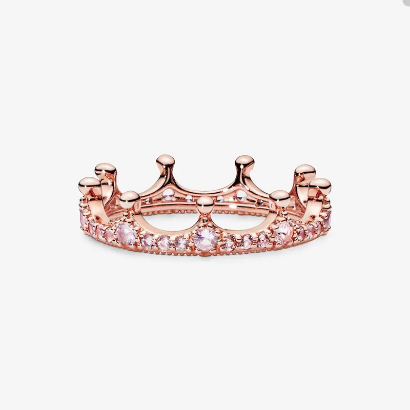 Rose Gold Pink Sparkling Crown Ring voor Pandora Real Sterling Silver Party Sieraden Designer Rings Set voor Women Sisters Gift Stacking Ring met originele doos