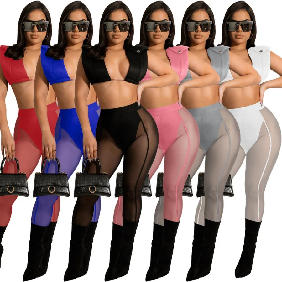 Två stycken mesh leggings set Crop Tops Sheer Pants Summer Women Outfits Y2K kläder Kvinnliga rave party bär kvinnor sommarkläder gratis frakt 9840