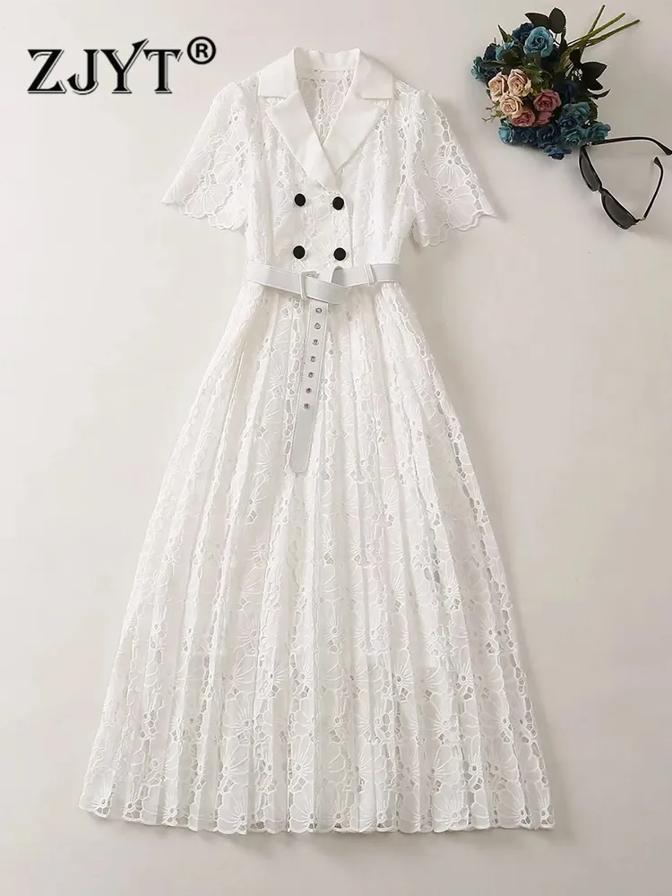 Drogowe puste haft biała sukienka dla kobiet lato 2023 Eleganckie luksusowe midi imprezy vestidos z krótkim rękawem szaty świąteczne