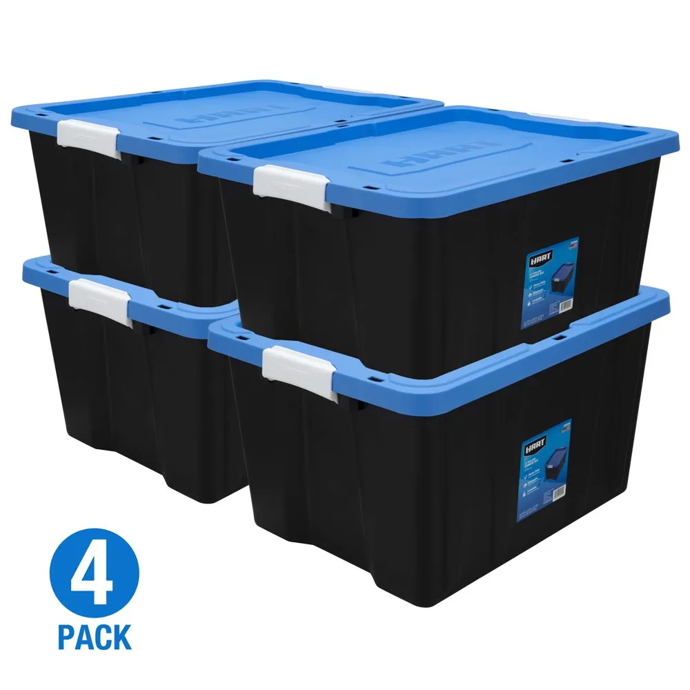 HART 27 Gallon Heavy Duty Latching Plastic Storage Bin Container, Black,  Set of 4