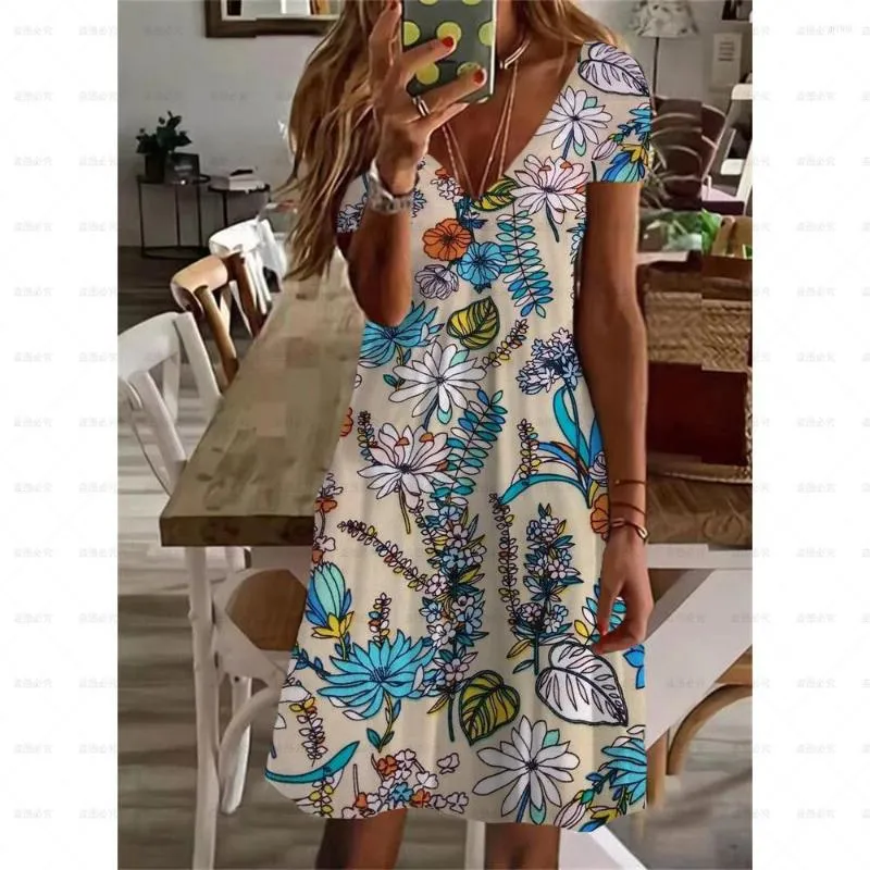 カジュアルドレス2023夏の女性の花のテーマプリントドレスvネックファッションデザイン自由hoh膝の長さ
