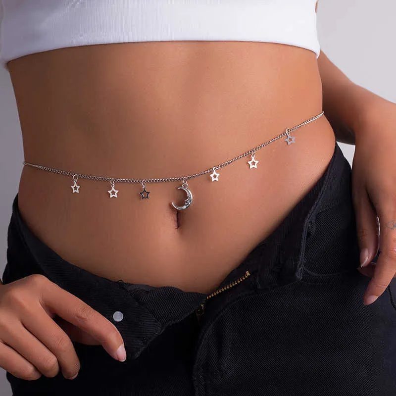 Chaînes de ventre Charmes mignons Étoiles Lune Pendentifs Chaîne de taille pour les femmes Style simple Chaîne de corps Summber Beach Taille Bijoux Accessoires Ceinture Z0508