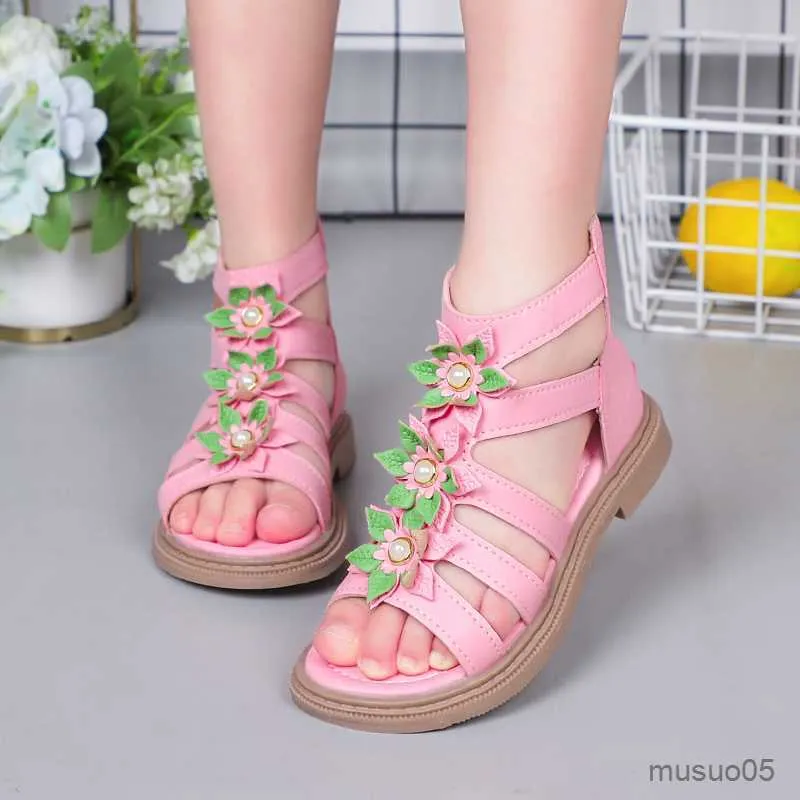 Sandaler Barnflickor Sandaler Solid Color Open Toe Artificial Flower With Pearls Unique Back Zipper Fashion Kids Shoes 2023