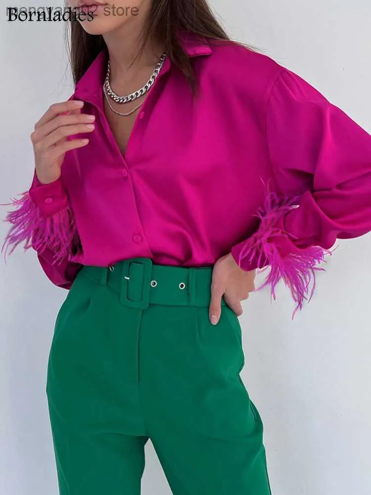 Women's Blouses shirts Bornladies Feather Cuffs Elegante vrouwen Feather Shirts Rose Pink Oversized Blouses en Tops Splicing Spring Satin Office Ladies T230508