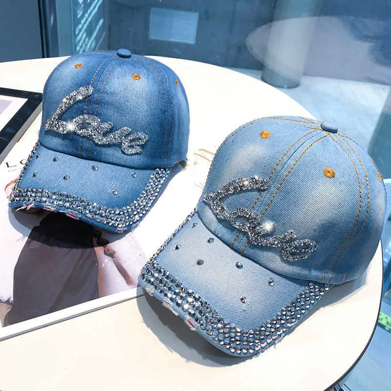 Designer LOVE Rhinestone Denim Snapback Baseball Cap For Women